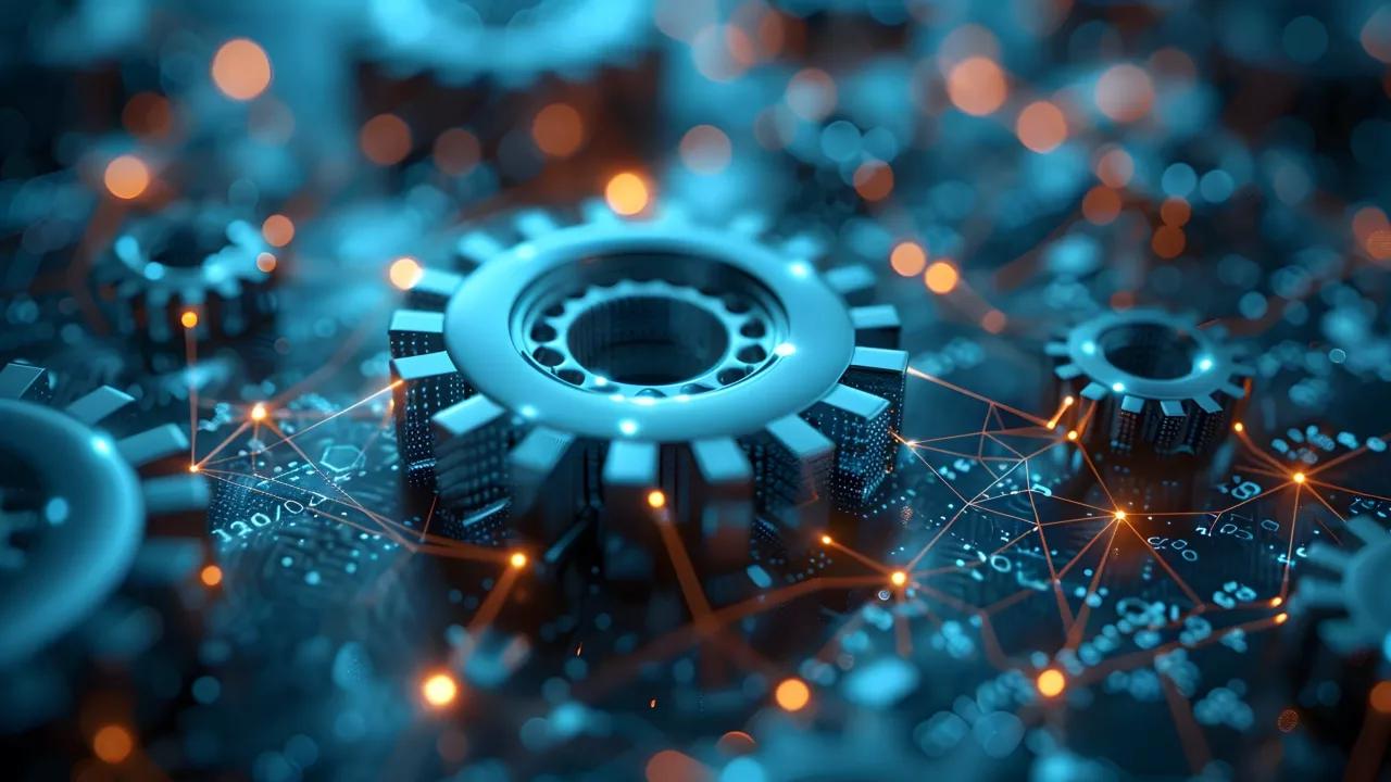 The intricately interconnected digital gears of a high tech cybernetic system illustrate the complex machinery powering modern technological progress